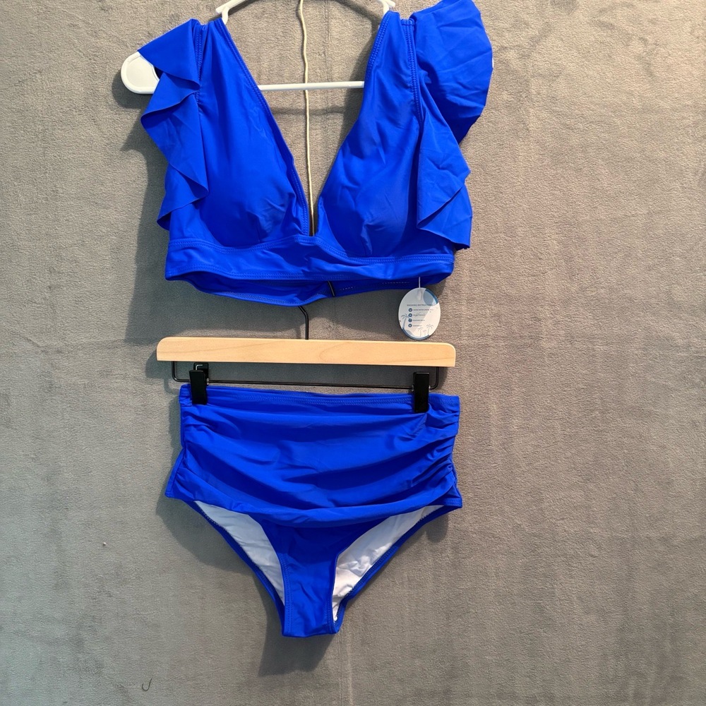 NWT Womens Blue Ruffle Sleeve High Waist Deep V-Neck Two-Piece Swimsuit M